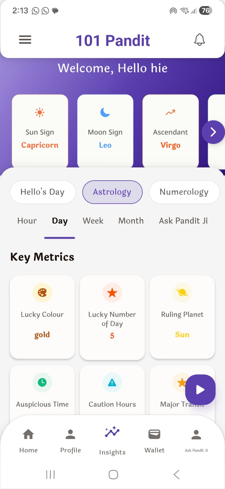 101 Pandit — Astrology with Day/Week/Month and Key Metrics
